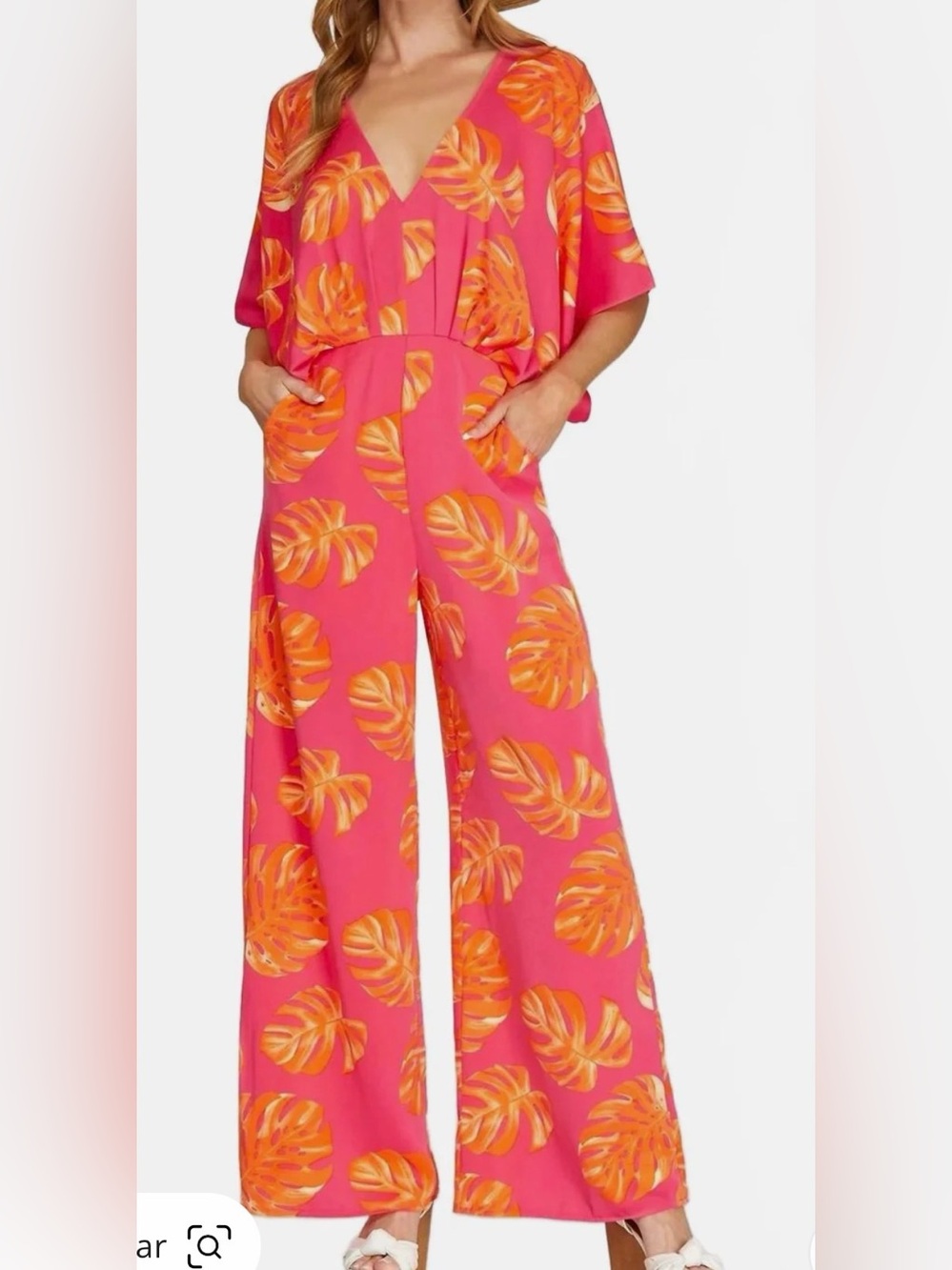 She + Sky Pink Maxi Jumpsuit with Orange Tropical Leaf Print